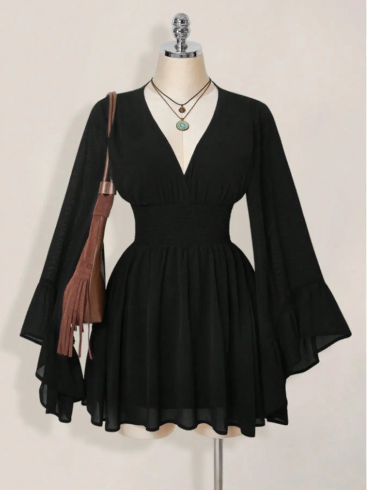 Women's Gothic Style V Neck Waist Cinched Dress, Elegant Chic Long Sleeve Mini Dress, Autumn/winter Lantern Sleeve Dress
