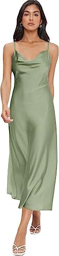 Floerns Women's Spaghetti Strap Cowl Neck Long Slip Satin Silk Midi Dress