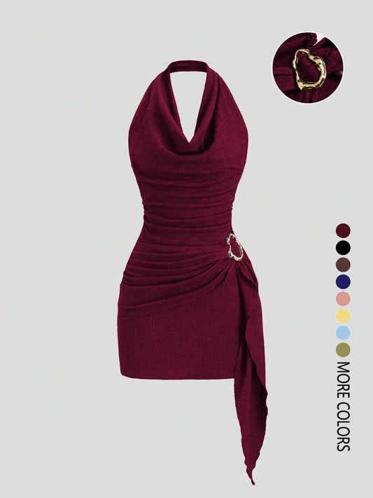 Women's Fashion Solid Color Ruched Halter Fit Dress, Casual Office Wear, Elegant Backless Design, Perfect for Daily Wear, Stylish, Chic and Comfortable Dress, Backless Slim Dress