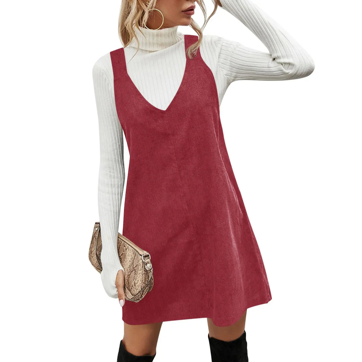 Wenrine Women's V Neck Corduroy Overall Dress Casual Loose Short Pinafore Dresses Cute Mini Jumper Dress