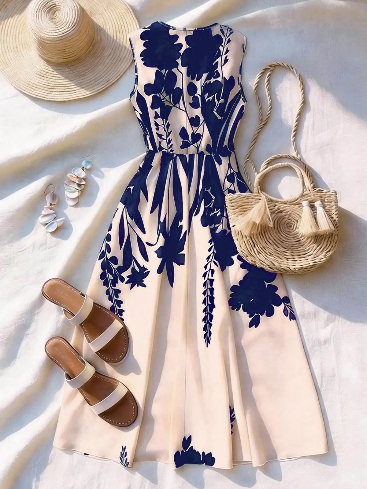 Women's Fashion Feminine Casual Chic Floral Print Sleeveless Vneck Dress, Summer Clothes for Vacation, Office, Beach and Graduation Party, Boho V Neck