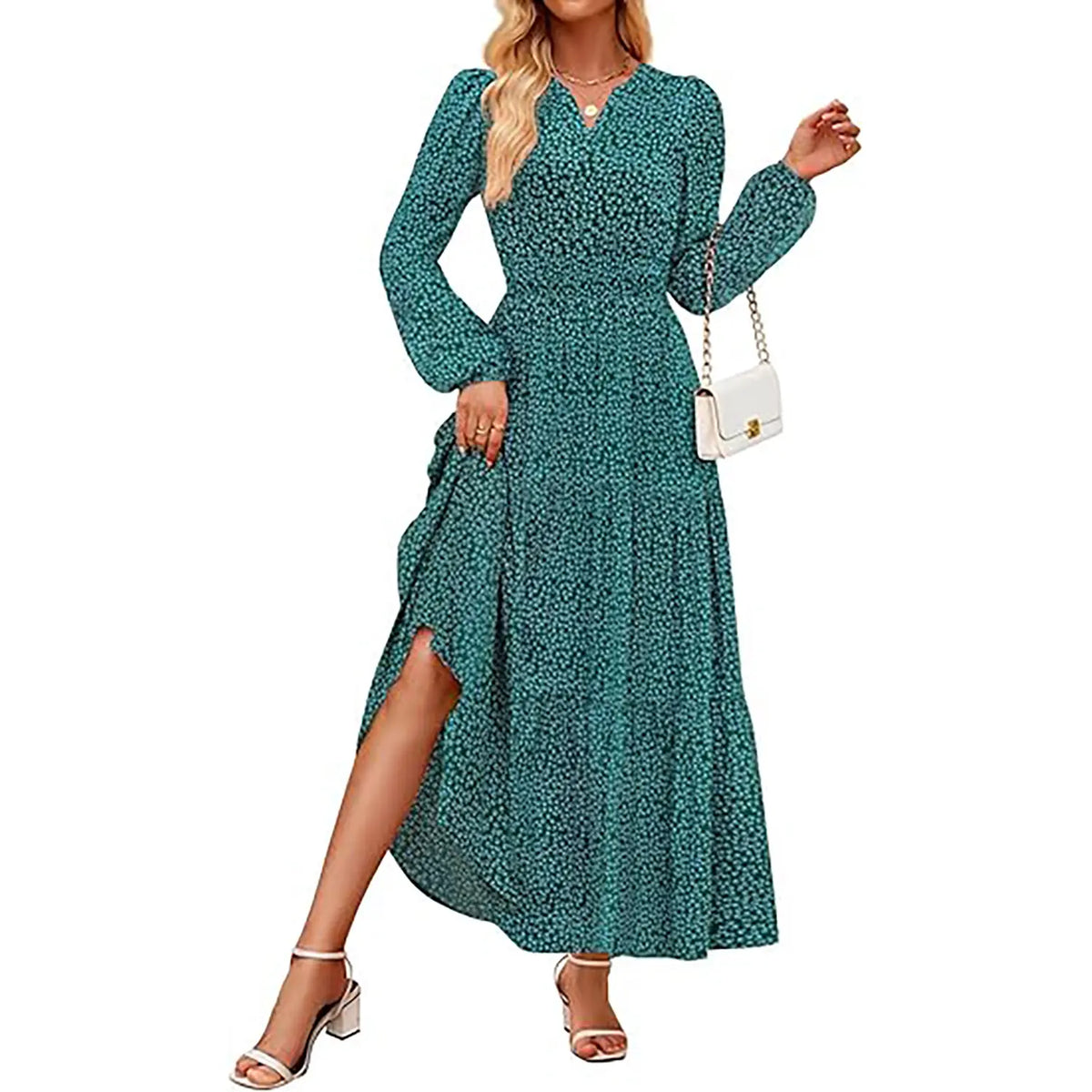 ZESICA Women's 2025 Fall Long Sleeve Maxi Dress Floral Print V Neck Empire Waist A Line Tiered Flowy Boho Party Dresses