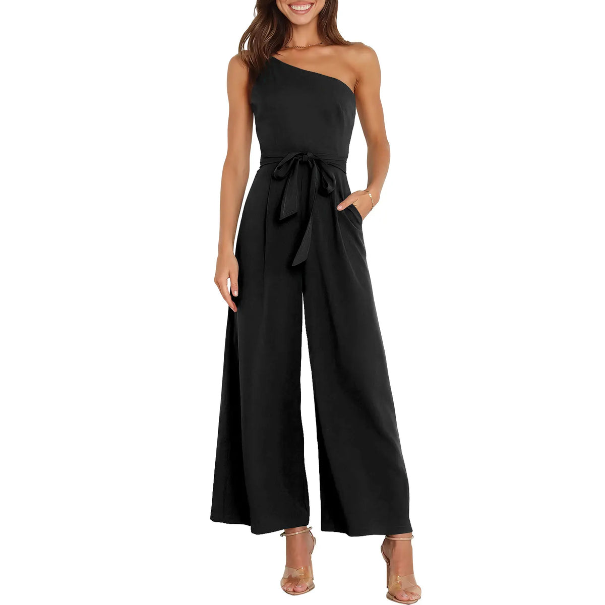 ANRABESS Women's Summer Dressy One Shoulder Sleeveless Tie Waist Backless Casual Wide Leg Jumpsuit Rompers Pockets Wedding Elegant  Overalls
