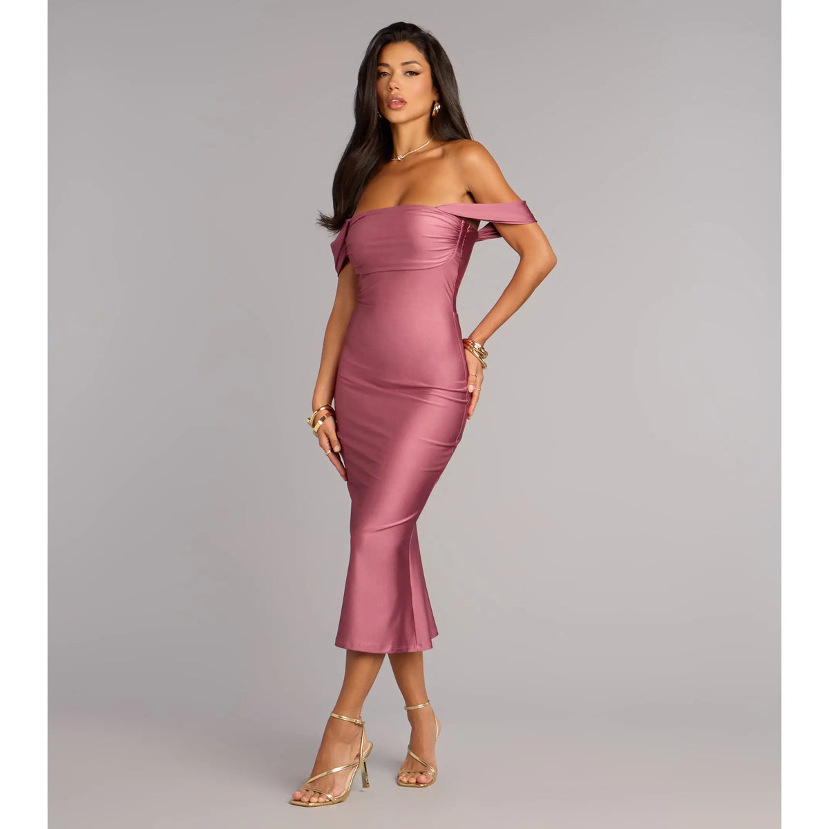 Exceptional Off-The-Shoulder Flared Midi Dress