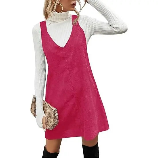 Wenrine Women's V Neck Corduroy Overall Dress Casual Loose Short Pinafore Dresses Cute Mini Jumper Dress