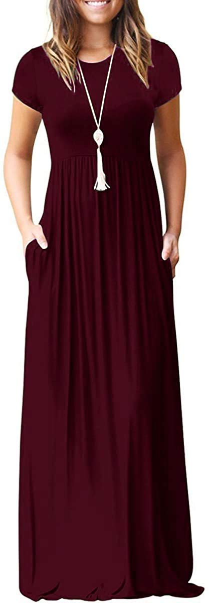 DEARCASE Maxi Dress for Women Short Sleeve Casual Summer Loose Plain Comfy Long Dresses with Pockets
