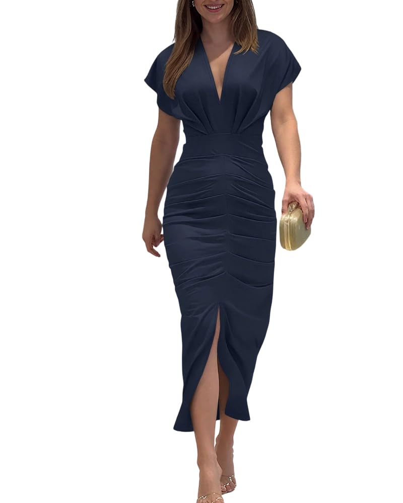 CHICME Dresses for Women Floral Plunge V Neck Ruched Midi Dress