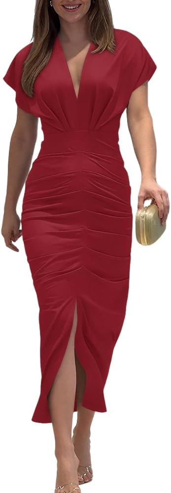 CHICME Dresses for Women Floral Plunge V Neck Ruched Midi Dress