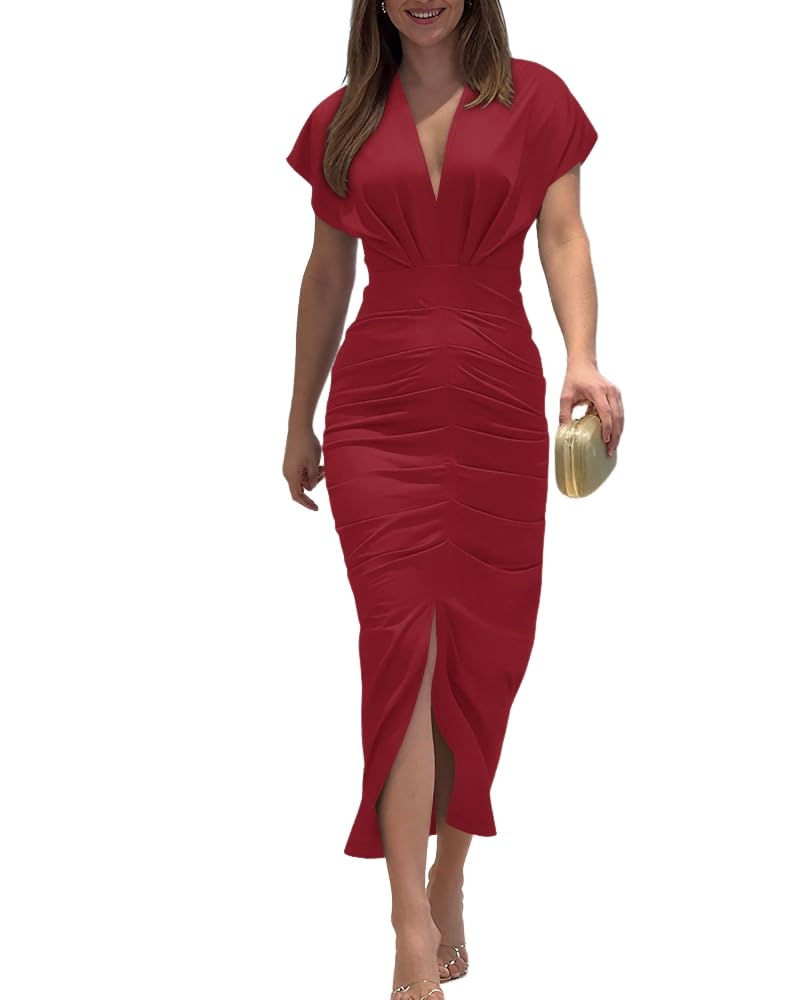 CHICME Dresses for Women Floral Plunge V Neck Ruched Midi Dress