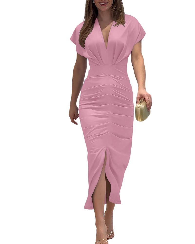 CHICME Dresses for Women Floral Plunge V Neck Ruched Midi Dress