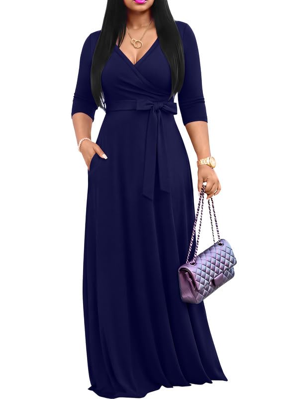 FANDEE Women's 2026 Maxi Dress - Solid Color Bohemian Summer Long Maxi Dress V-Neck 3/4 Sleeve