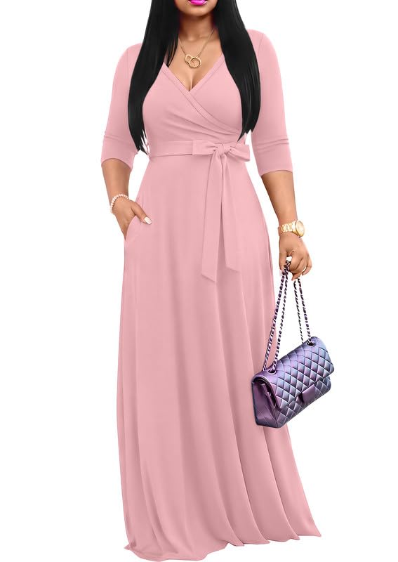 FANDEE Women's 2026 Maxi Dress - Solid Color Bohemian Summer Long Maxi Dress V-Neck 3/4 Sleeve