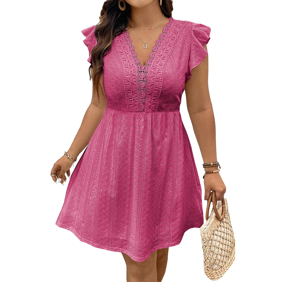Eytino Plus Size Dresses for Women Summer Ruffle Cap Sleeve Lace V Neck Embroidery Eyelet A Line Dress(1X-5X)