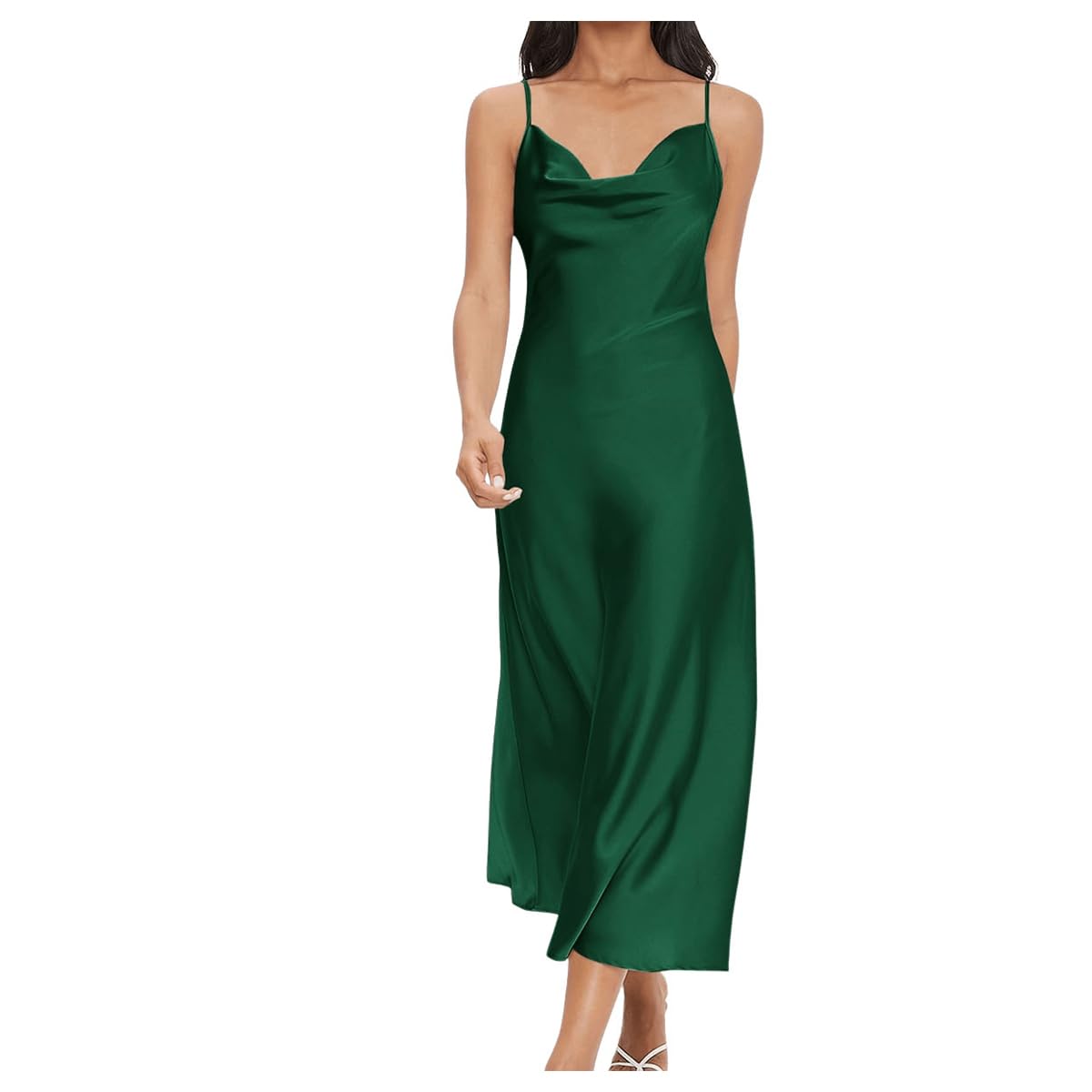 Floerns Women's Spaghetti Strap Cowl Neck Long Slip Satin Silk Midi Dress