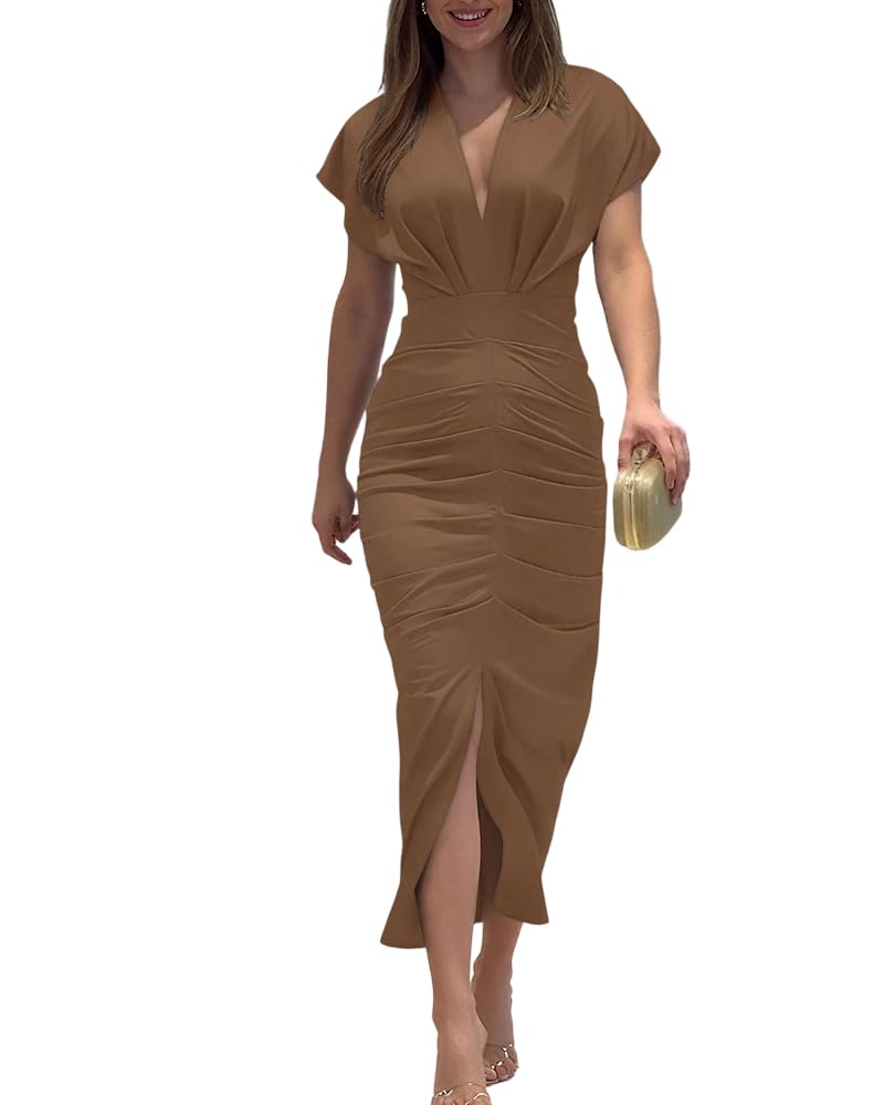 CHICME Dresses for Women Floral Plunge V Neck Ruched Midi Dress