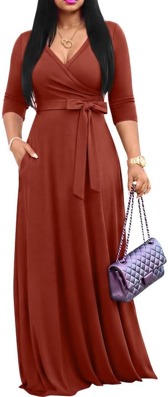 FANDEE Women's 2026 Maxi Dress - Solid Color Bohemian Summer Long Maxi Dress V-Neck 3/4 Sleeve