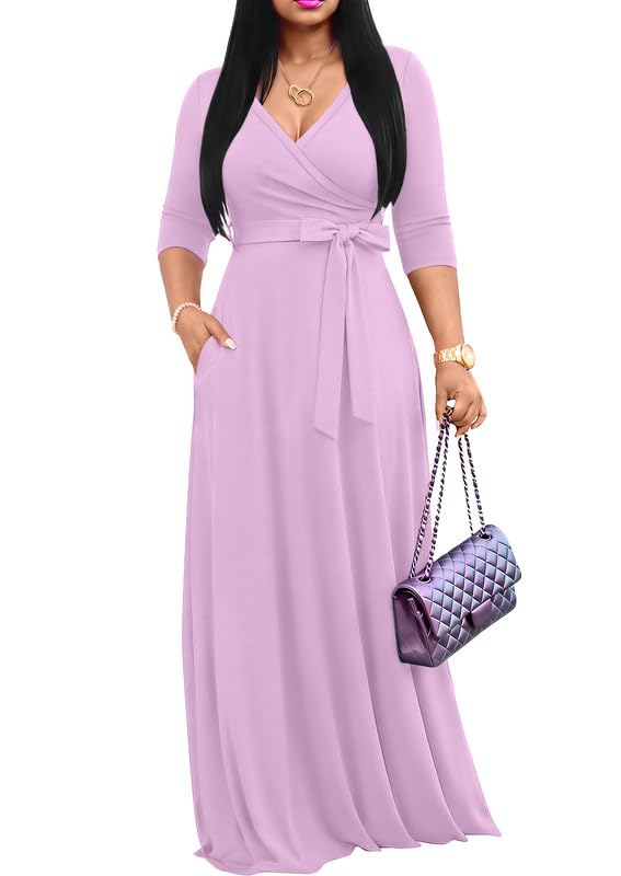 FANDEE Women's 2026 Maxi Dress - Solid Color Bohemian Summer Long Maxi Dress V-Neck 3/4 Sleeve