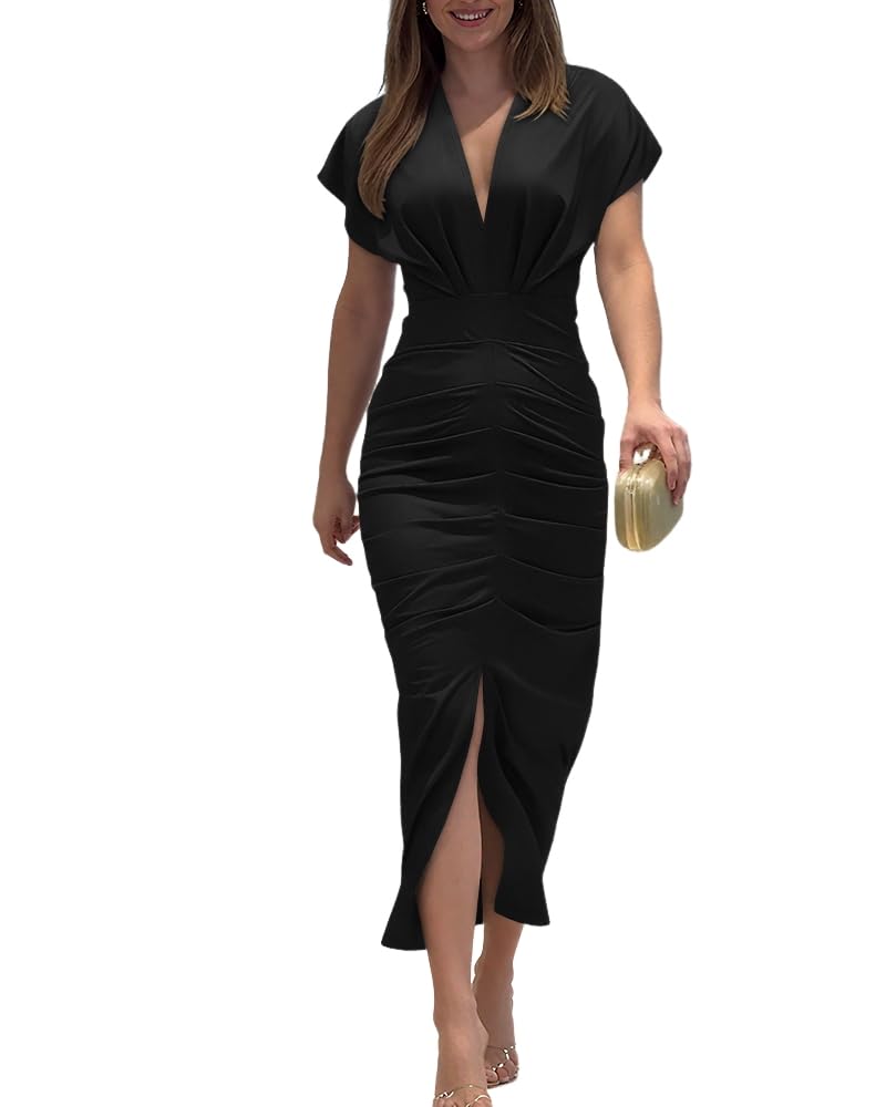 CHICME Dresses for Women Floral Plunge V Neck Ruched Midi Dress