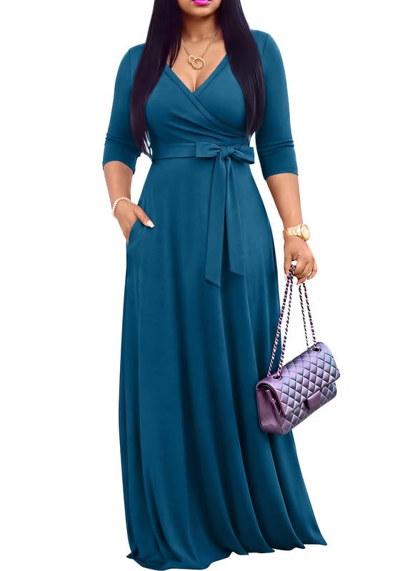 FANDEE Women's 2026 Maxi Dress - Solid Color Bohemian Summer Long Maxi Dress V-Neck 3/4 Sleeve