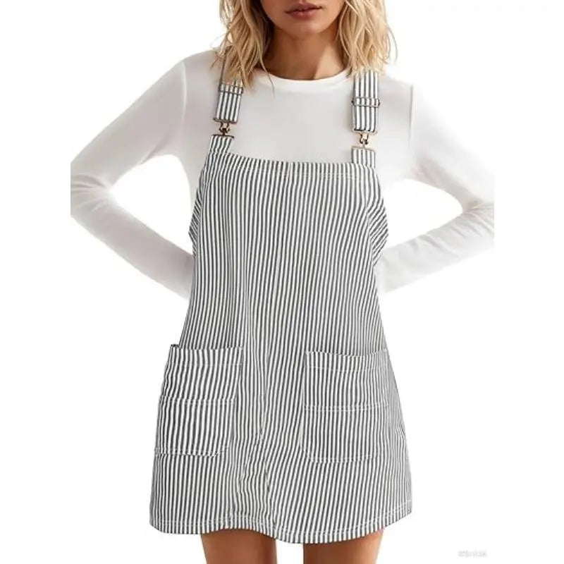 Imily Bela Womens Casual Striped Denim Dress Summer Pinafore Overalls Romper Adjustable Straps Jumper Dress with Pockets
