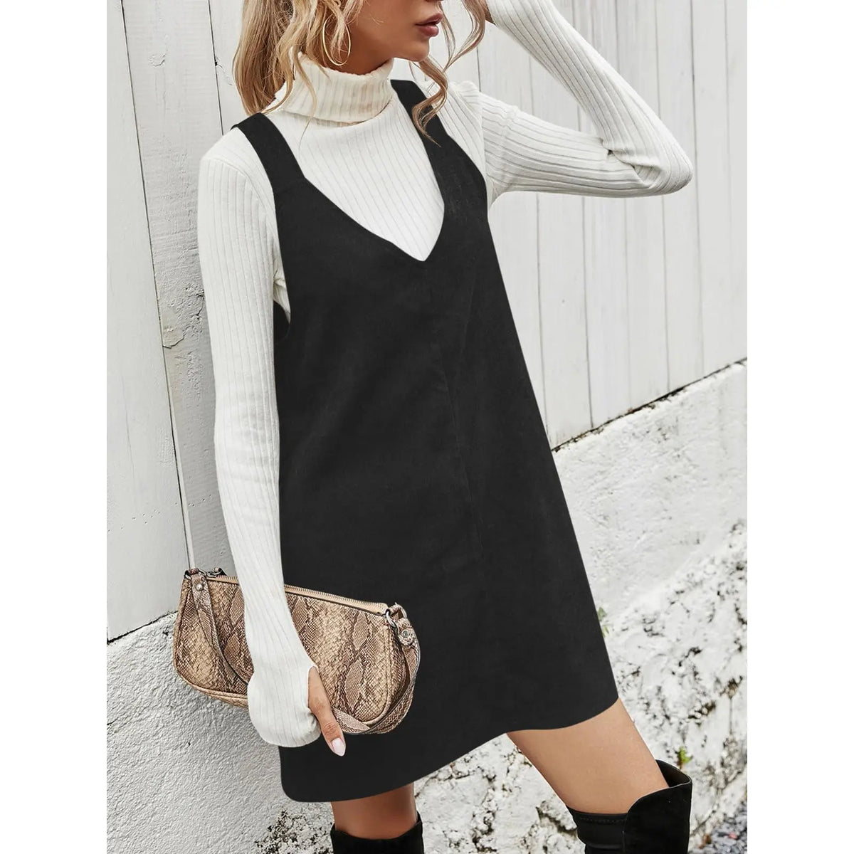 Wenrine Women's V Neck Corduroy Overall Dress Casual Loose Short Pinafore Dresses Cute Mini Jumper Dress