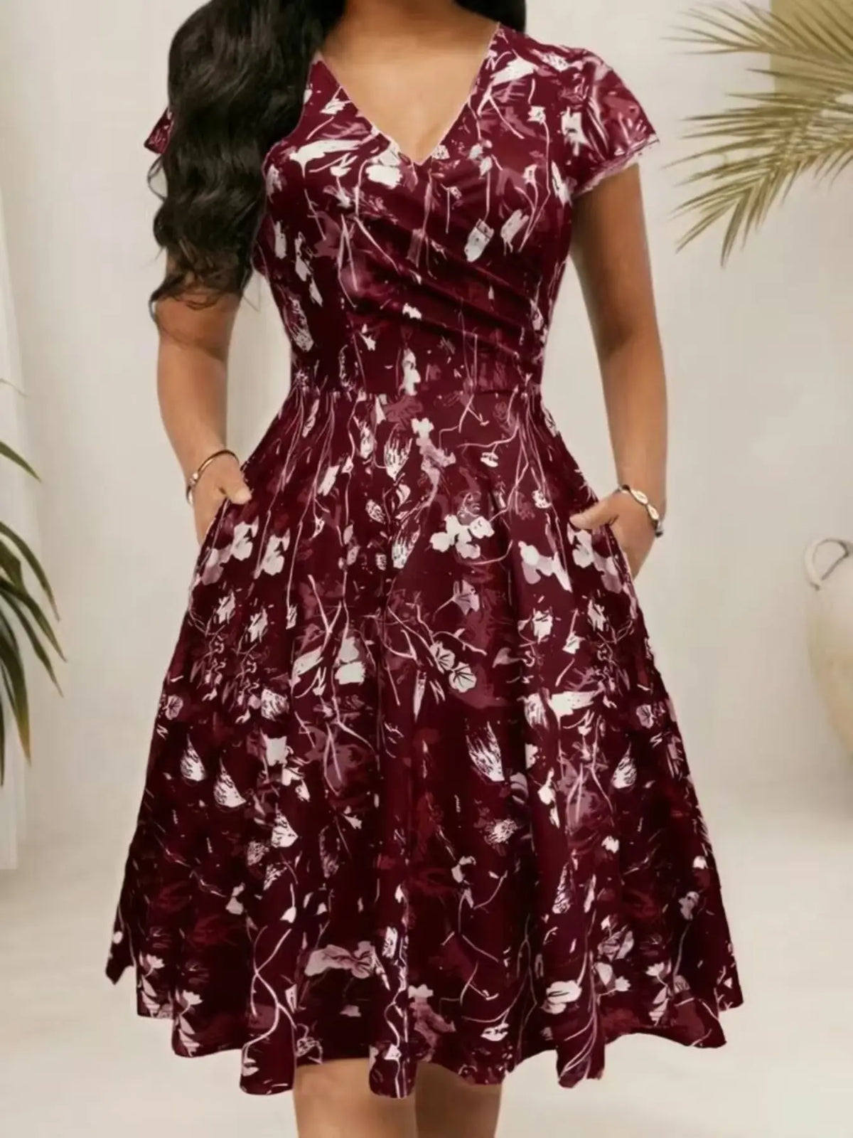 Women's Boho Floral Print V-Neck Midi Dress with Pockets, Fitted Casual Dress for Spring & Fall