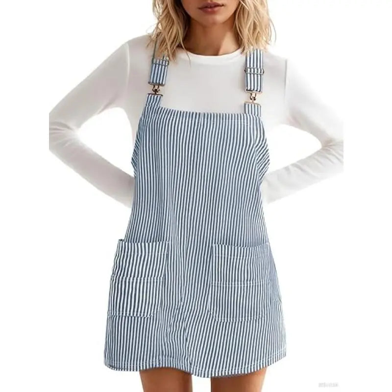 Imily Bela Womens Casual Striped Denim Dress Summer Pinafore Overalls Romper Adjustable Straps Jumper Dress with Pockets