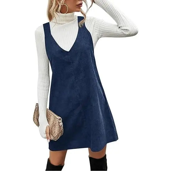 Wenrine Women's V Neck Corduroy Overall Dress Casual Loose Short Pinafore Dresses Cute Mini Jumper Dress
