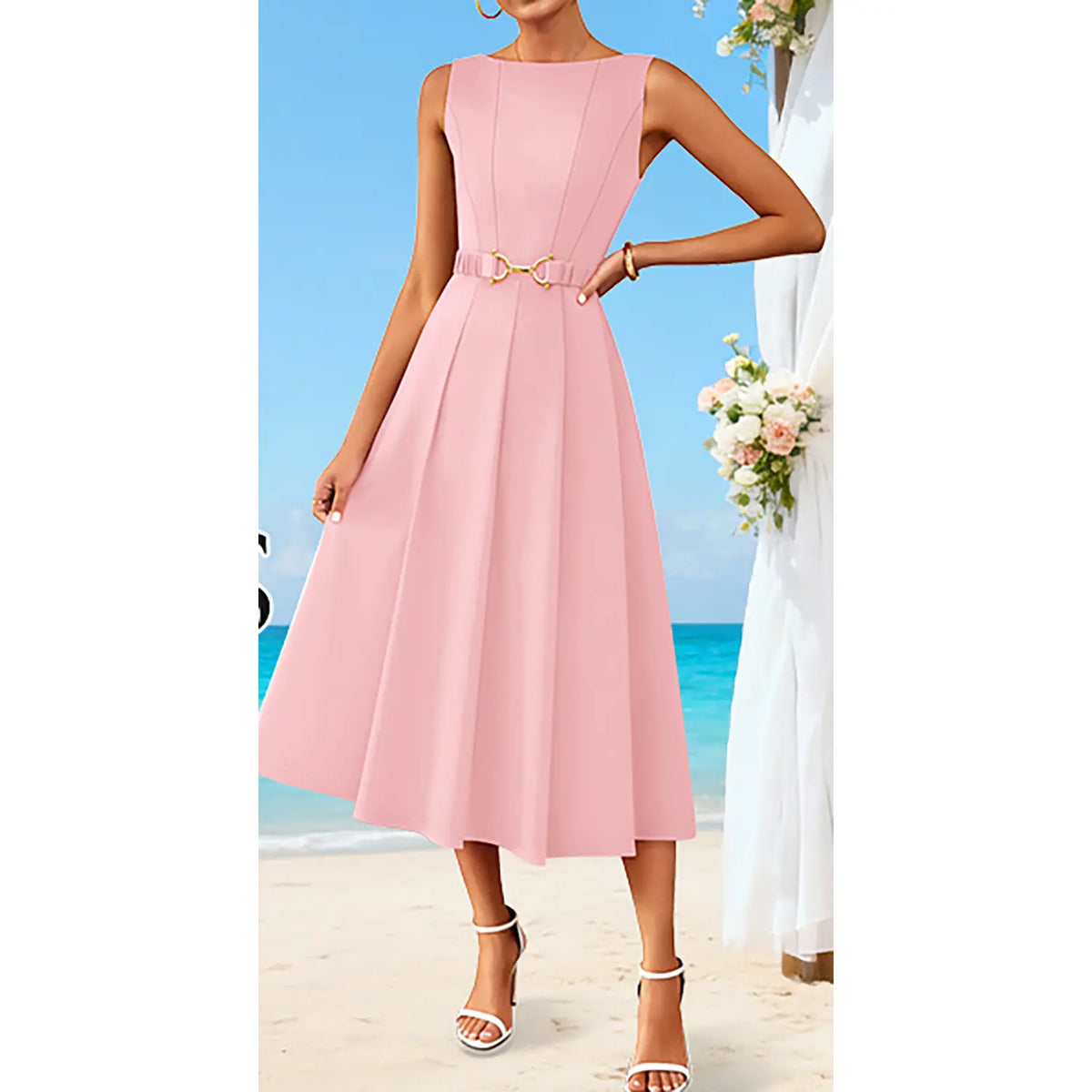ZESICA Women Summer Sleeveless Midi Dresses 2026 Elegant Boat Neck A Line Tie Waist Spring Cocktail Party Dress