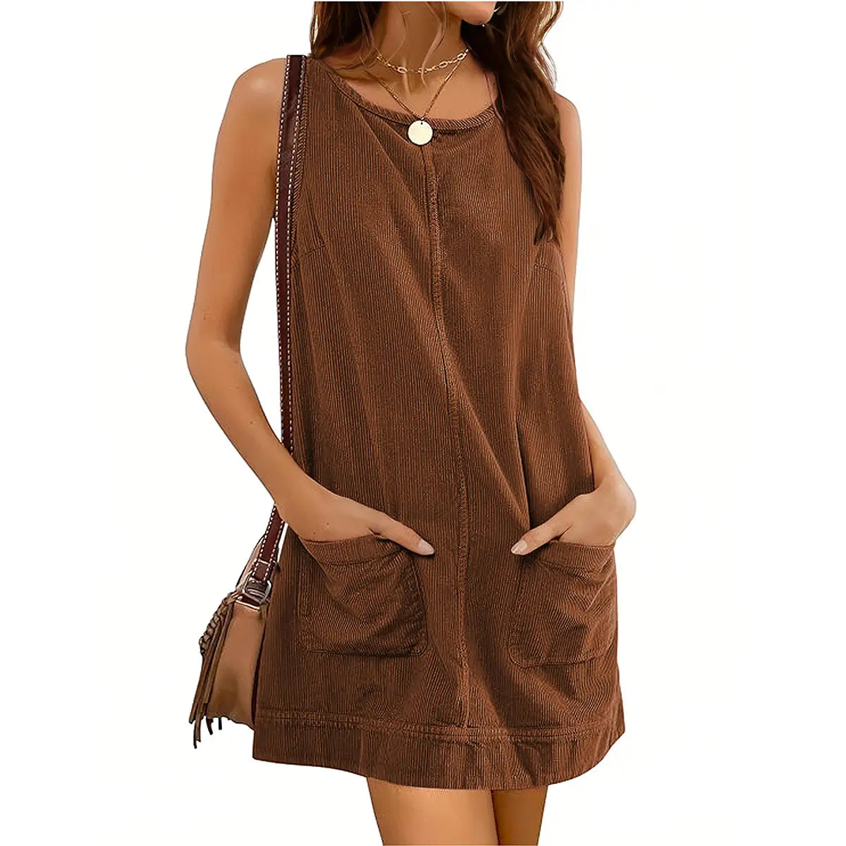 JovenPara Women's 70%Cotton-30%Polyester Corduroy Sleeveless A-Line Mini Overall Dress - Basic Casual Machine Washable Dress with Round Neck, Patch Pockets, Open Back, Above Knee, Elegant Women's Clothes