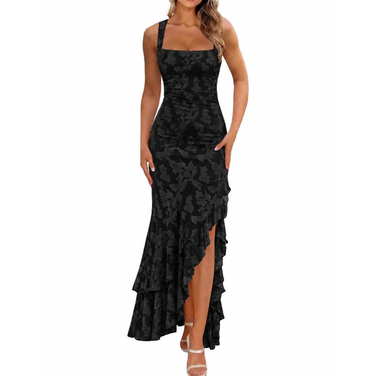 BORIFLORS Women's Chic Floral Embroidery Mermaid Maxi Dress - Sexy Square Neck Ruched Bodycon Gown for Wedding Guest, Formal Party, Birthday Outfits - Clothes, Wedding Guest Dresses, Gowns