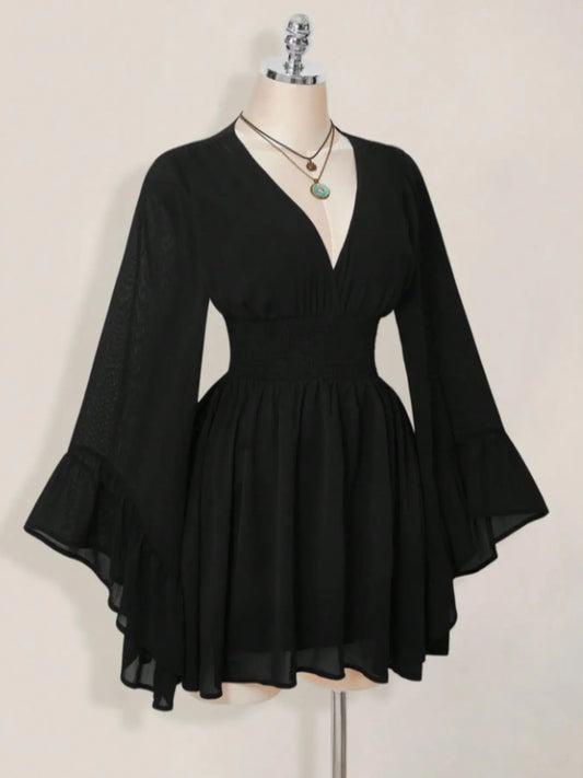 Women's Gothic Style V Neck Waist Cinched Dress, Elegant Chic Long Sleeve Mini Dress, Autumn/winter Lantern Sleeve Dress