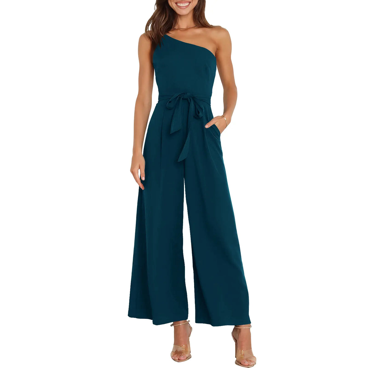 ANRABESS Women's Summer Dressy One Shoulder Sleeveless Tie Waist Backless Casual Wide Leg Jumpsuit Rompers Pockets Wedding Elegant  Overalls