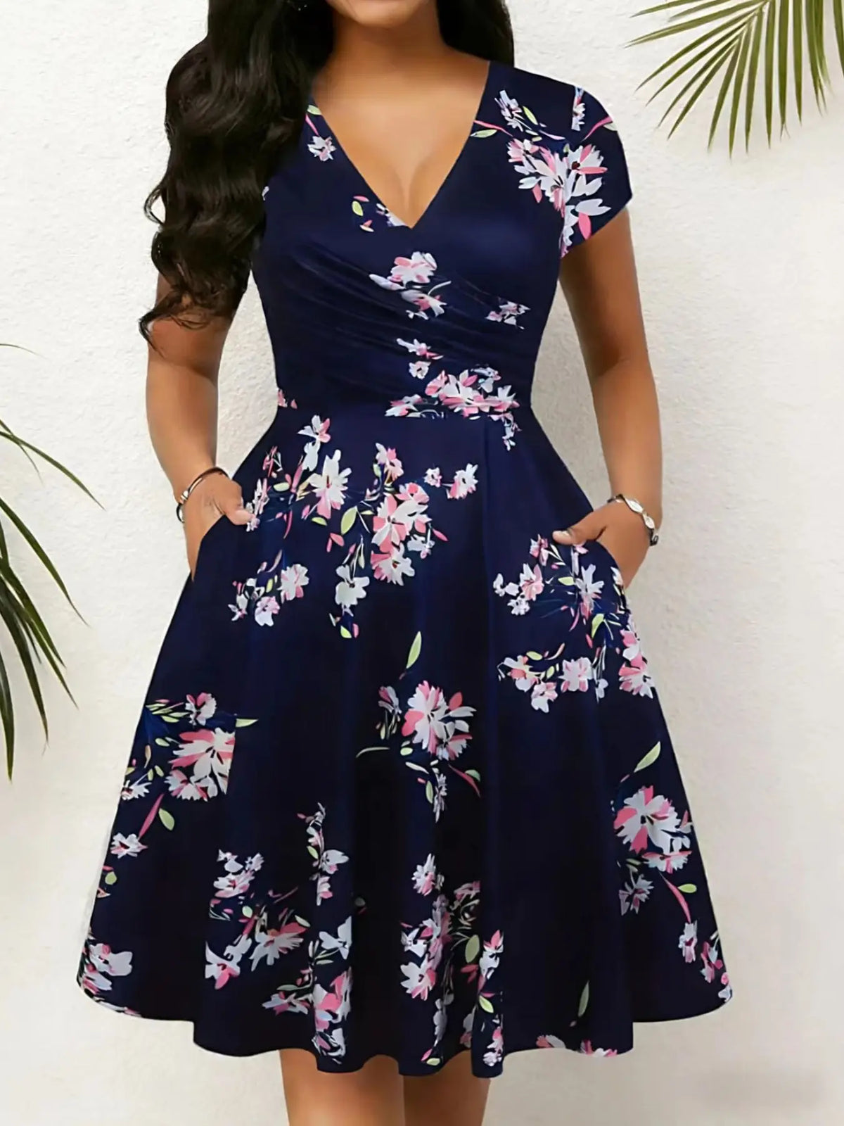 Women's Boho Floral Print V-Neck Midi Dress with Pockets, Fitted Casual Dress for Spring & Fall