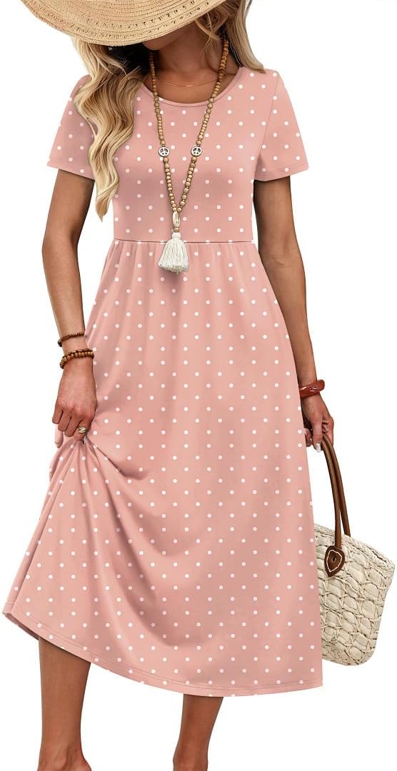 OFEEFAN Spring Summer Dresses for Women 2026 Crewneck Short Sleeve Flowy Casual Midi Beach Sundress with Pockets