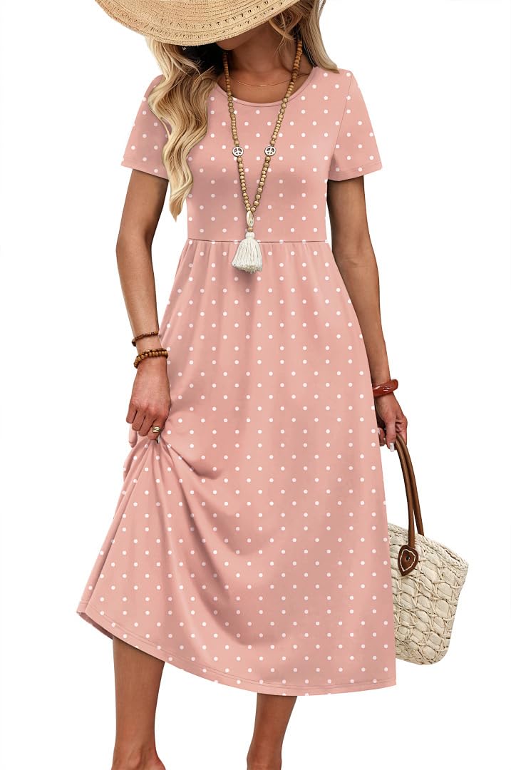 OFEEFAN Spring Summer Dresses for Women 2026 Crewneck Short Sleeve Flowy Casual Midi Beach Sundress with Pockets