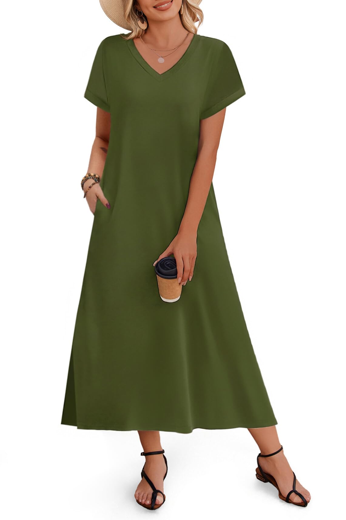 Zeagoo Women Summer Floral Dress Short Sleeve Beach Dress with Pockets Casual V-Neck Split Long T-Shirt Dress Travel Vacation