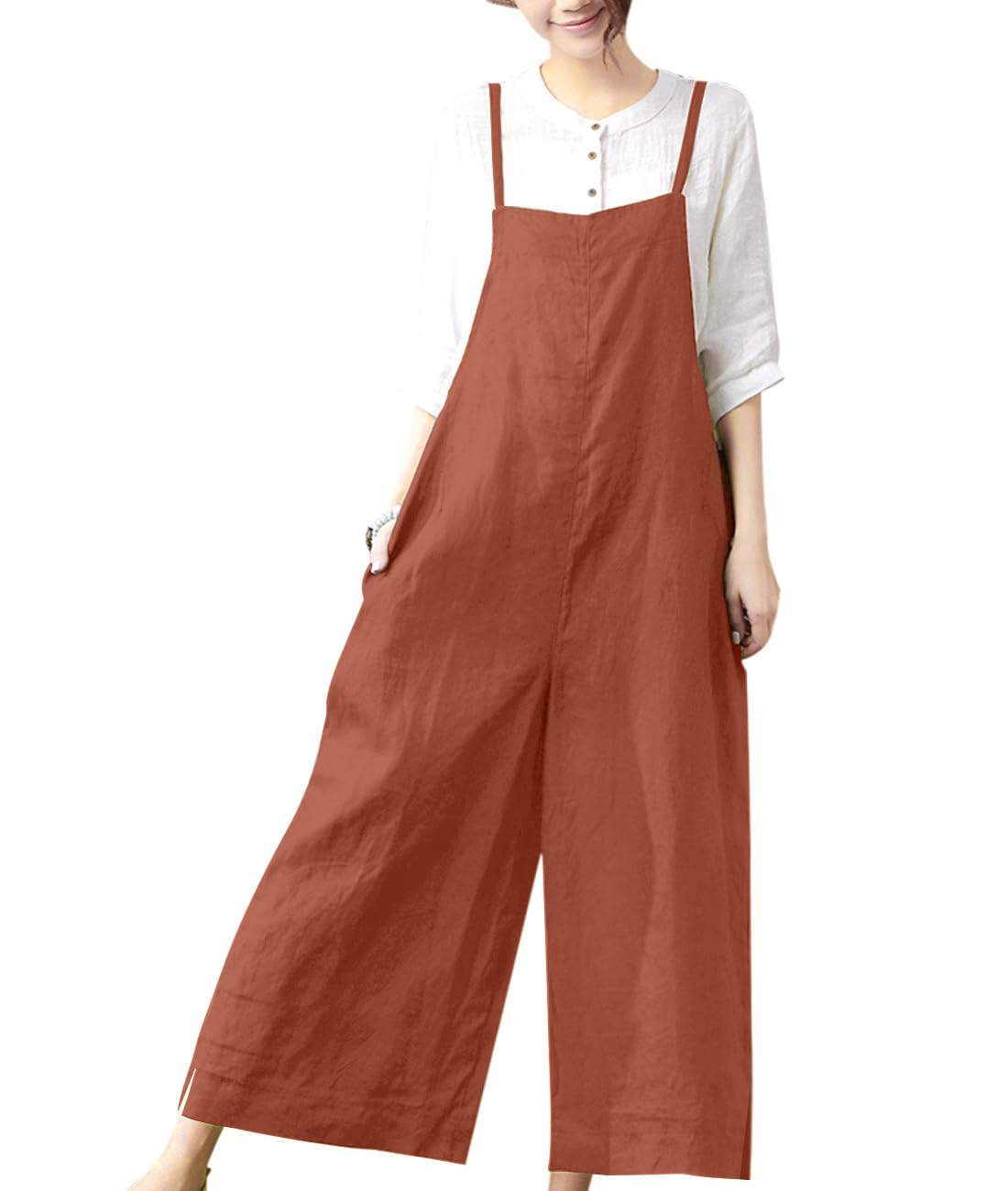 YESNO Women Casual Loose Long Bib Pants Wide Leg Jumpsuits Baggy Cotton Rompers Overalls with Pockets PZZTYP2