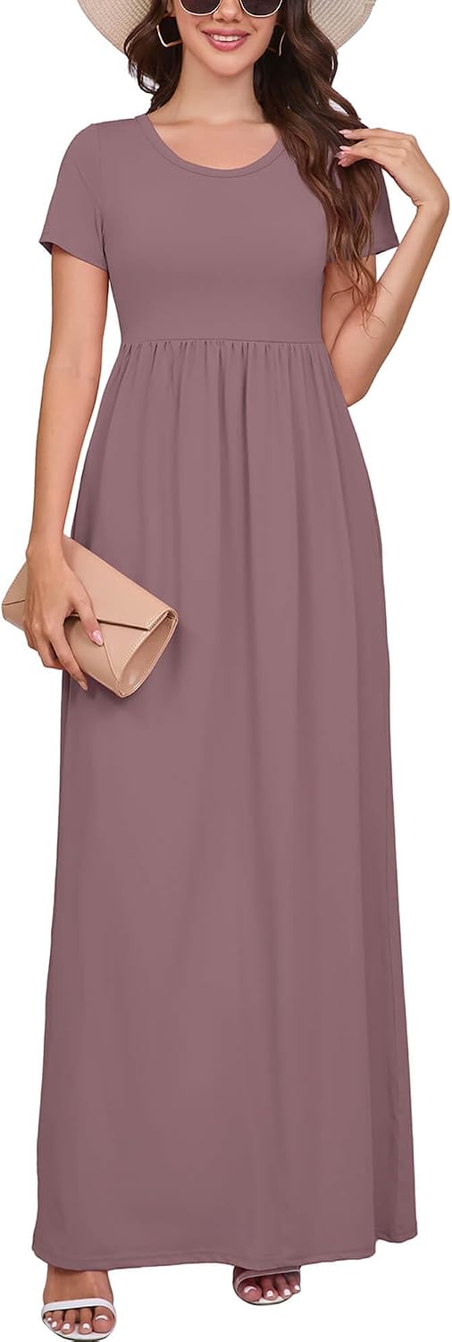 DEARCASE Maxi Dress for Women Short Sleeve Casual Summer Loose Plain Comfy Long Dresses with Pockets