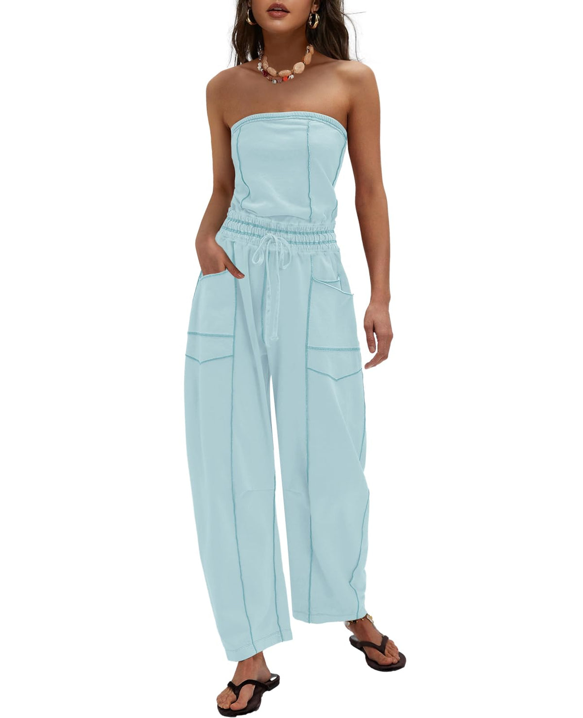 LAMISSCHE Womens Casual Strapless Jumpsuits off the Shoulder Summer Rompers Sleeveless One Piece Outfits with Pockets