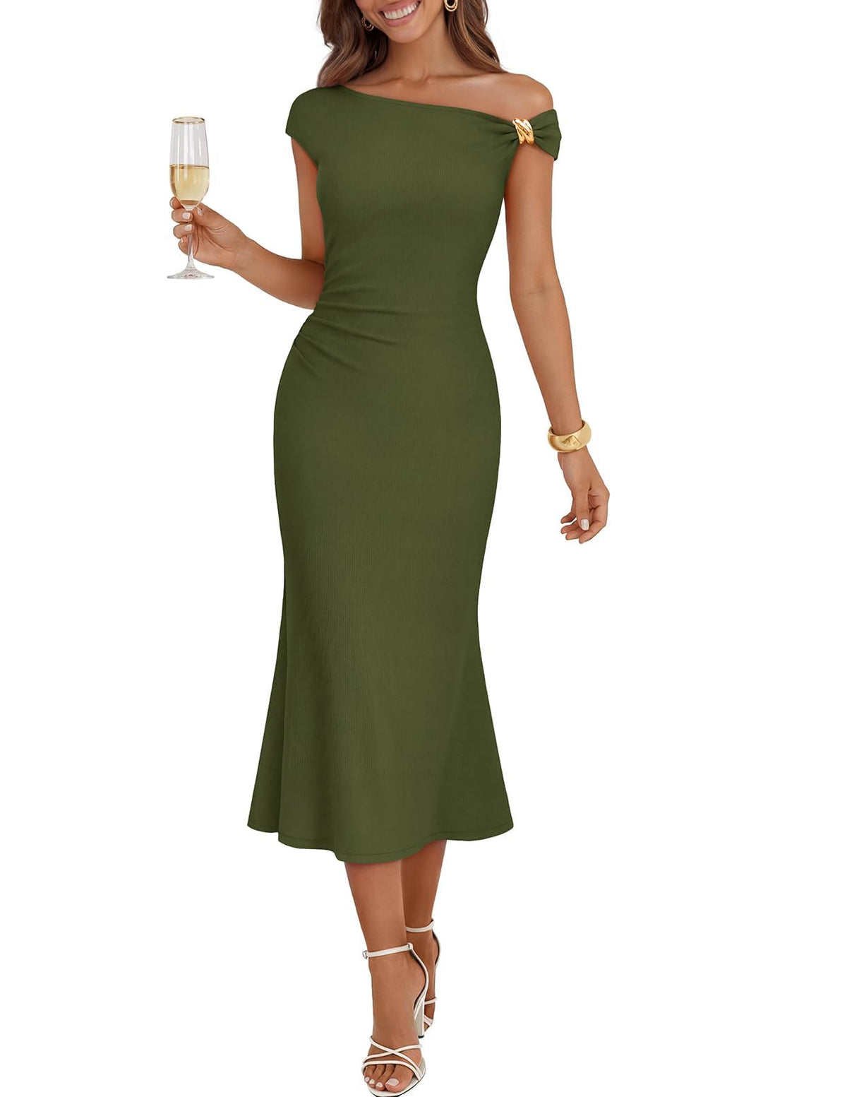MEROKEETY Women's Wedding Guest One Shoulder Dresses 2026 Summer Formal Elegant Cocktail Party Midi Dress