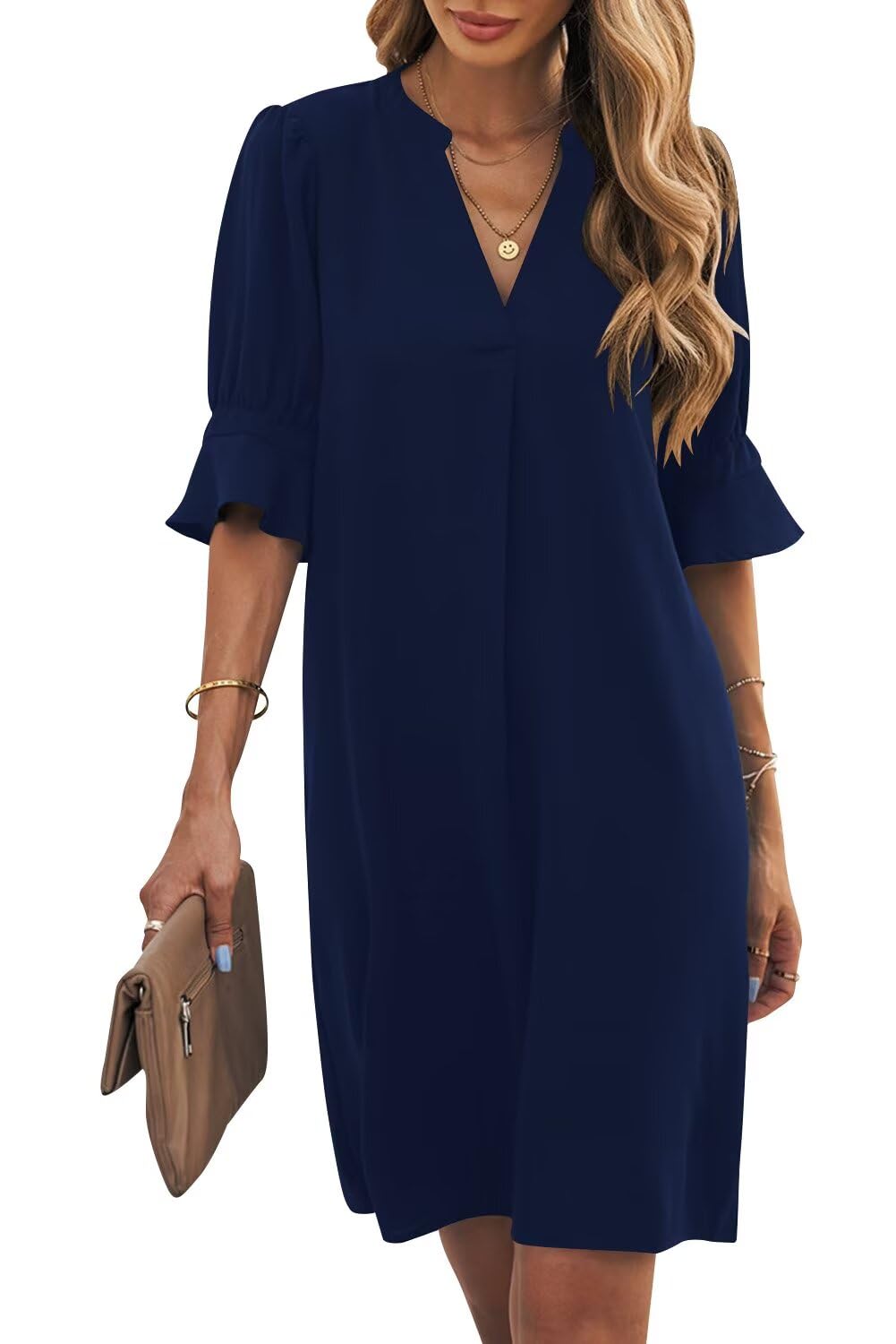 Wkior Womens Summer Ruffle Short Sleeve V Neck Shift Dress