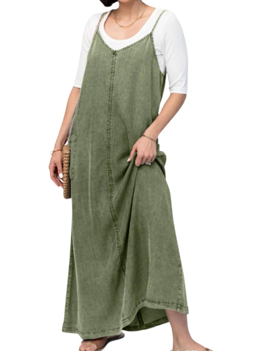 chouyatou Women's Summer Spaghetti Strap Denim Dress A-Line Overall Dress Flowy Swing Maxi Long Jean Dress