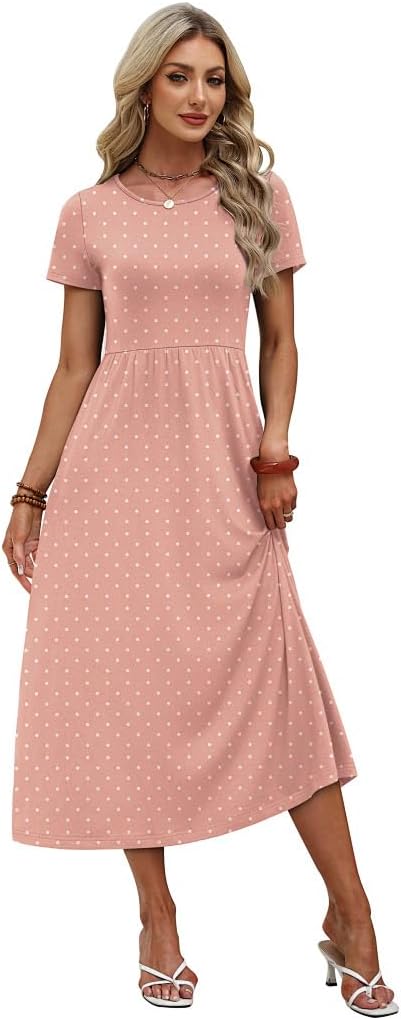 OFEEFAN Spring Summer Dresses for Women 2026 Crewneck Short Sleeve Flowy Casual Midi Beach Sundress with Pockets
