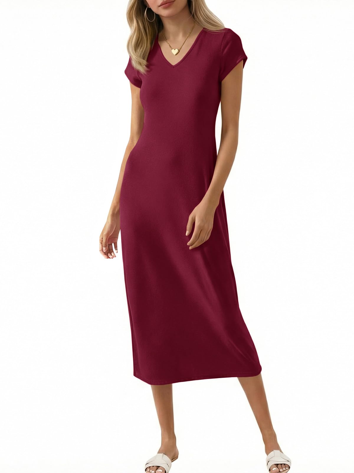 Wenrine Womens Short Sleeve T-Shirt Dress V Neck Summer Casual Midi Dresses