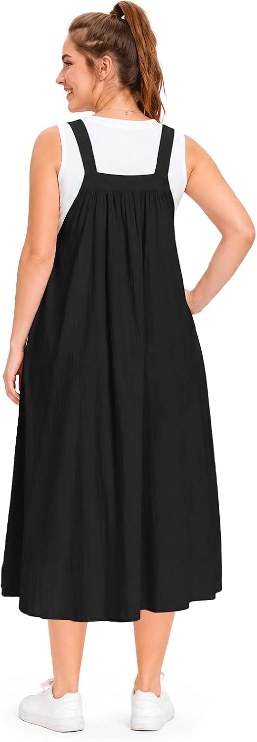 Moon Wood Cotton Overall Dress for Women Jumper Dress with Pockets Summer Casual Midi Dress