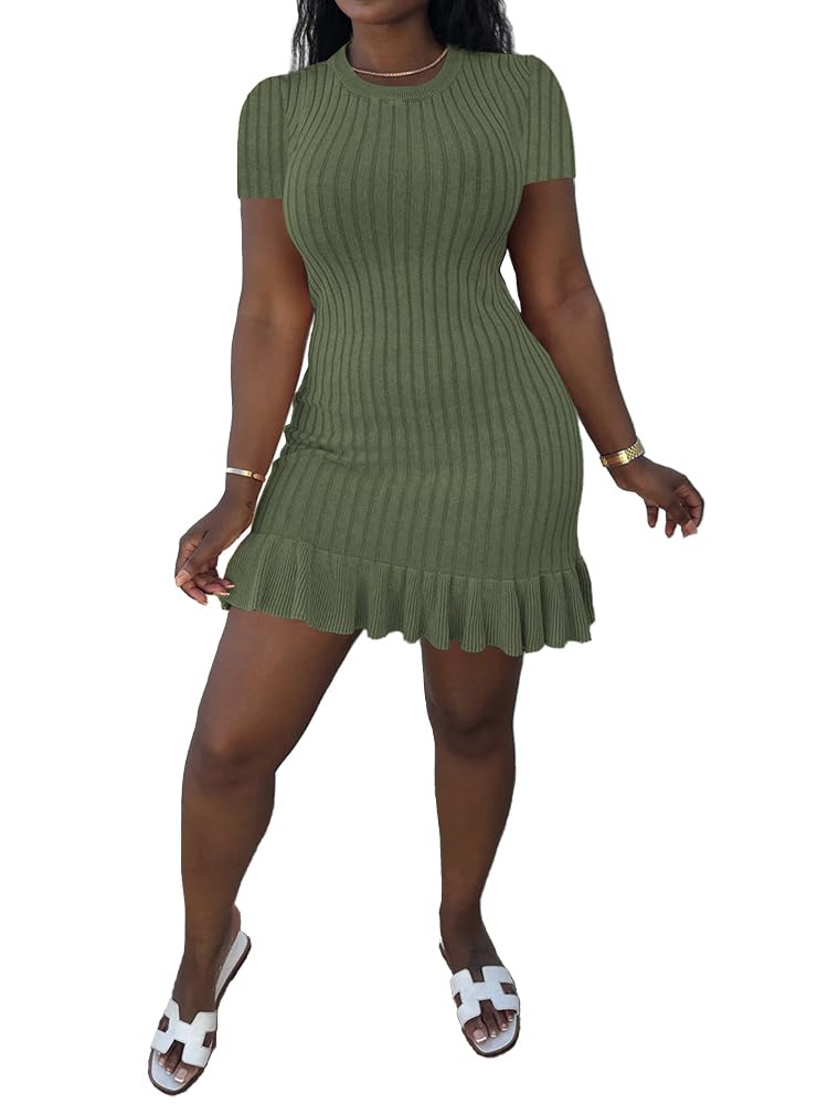 Nimsruc Womens Summer Dresses Short Sleeves Crew Neck Casual Bodycon Mini Dress with Ruffle Hem