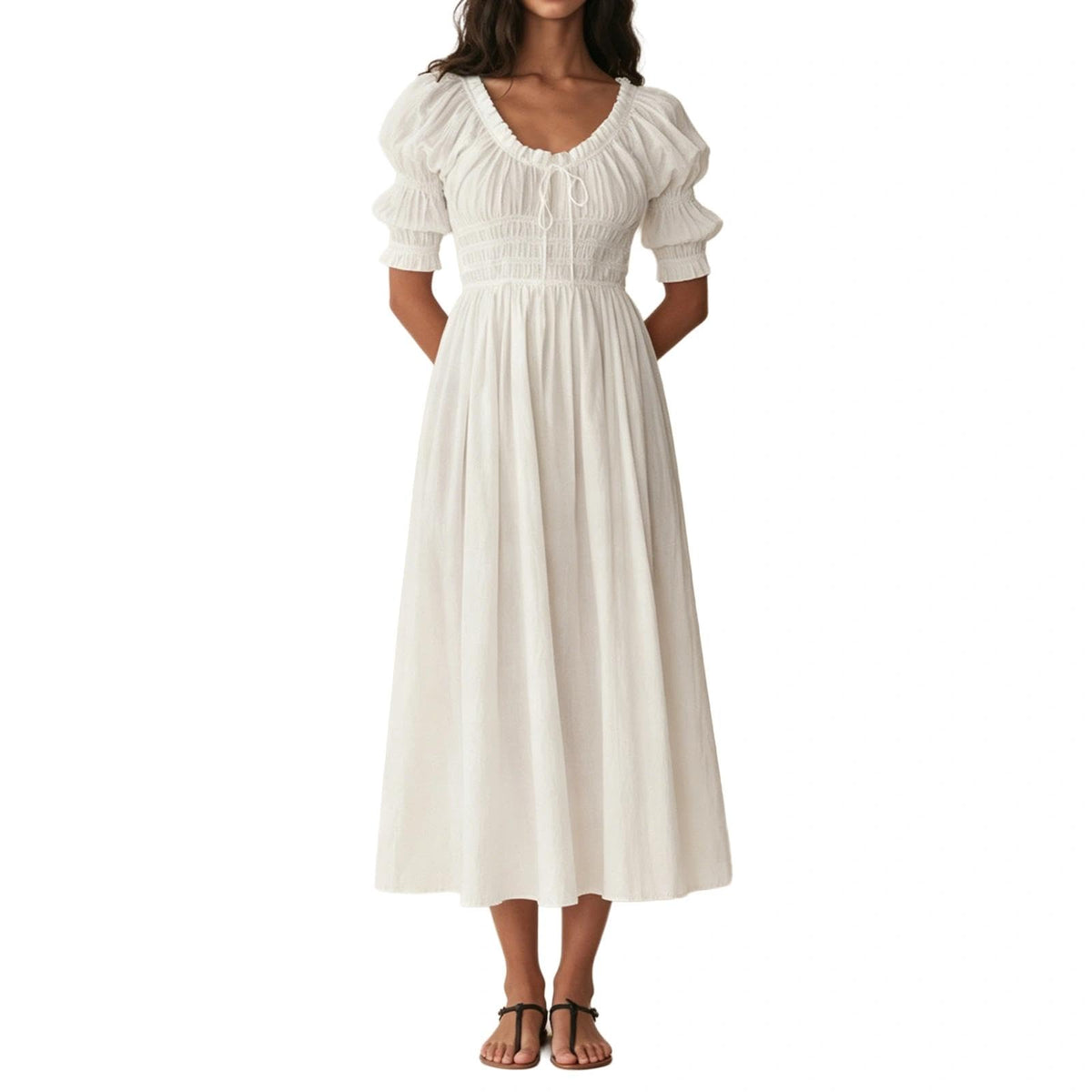 ABYOVRT Women Smocked Dresses Puff Sleeve Off Shoulder Flowy Midi Dress Baby Shower Summer Fall