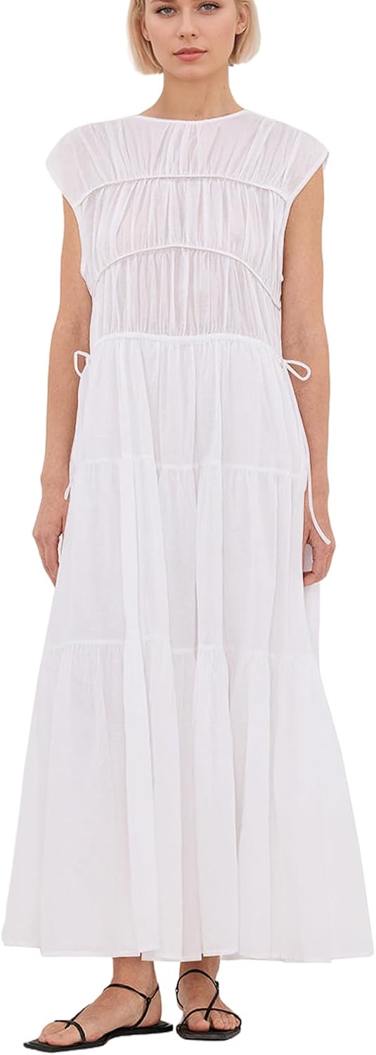calbatic Women Pleated Ruched Tiered Maxi Dress Sleeveless Patchwork Ruffle Hem A Line Flowy Summer Elegant Long Dress