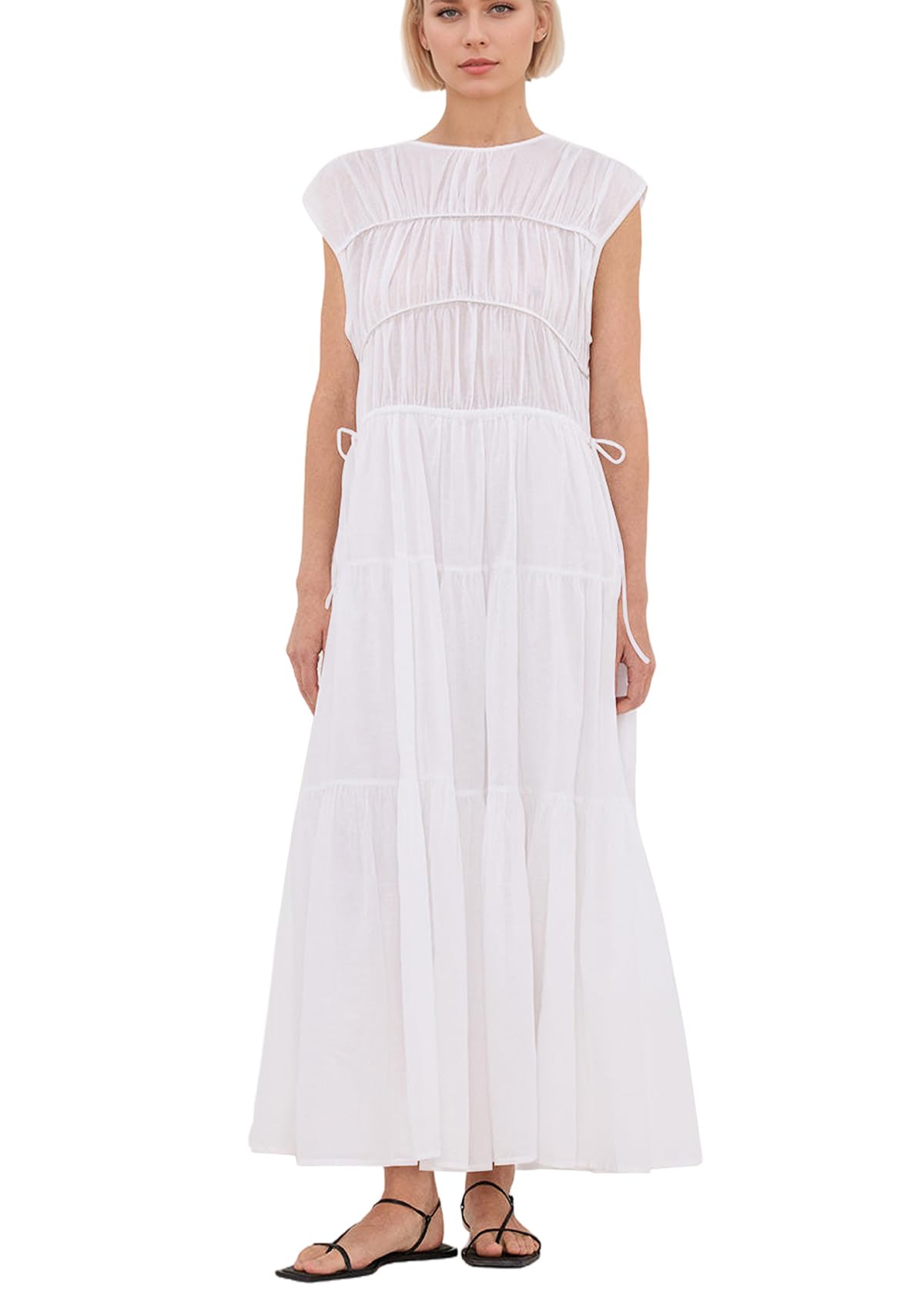 calbatic Women Pleated Ruched Tiered Maxi Dress Sleeveless Patchwork Ruffle Hem A Line Flowy Summer Elegant Long Dress